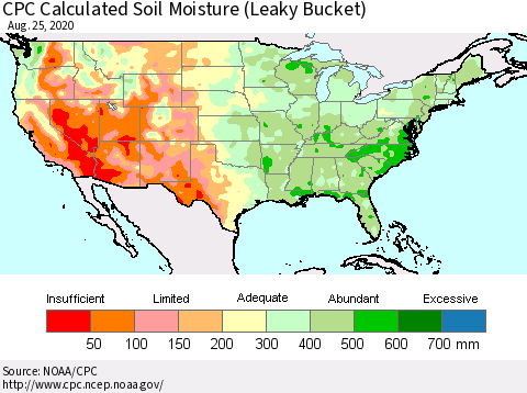 United States CPC Calculated Soil Moisture (Leaky Bucket) Thematic Map For 8/21/2020 - 8/25/2020
