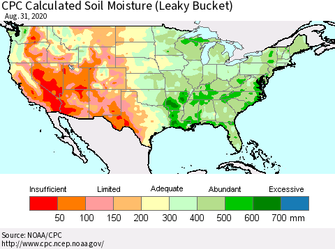 United States CPC Soil Moisture (Leaky Bucket) Thematic Map For 8/26/2020 - 8/31/2020