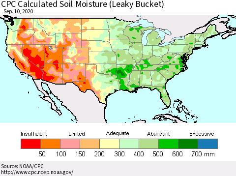 United States CPC Calculated Soil Moisture (Leaky Bucket) Thematic Map For 9/6/2020 - 9/10/2020