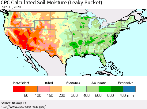 United States CPC Soil Moisture (Leaky Bucket) Thematic Map For 9/11/2020 - 9/15/2020
