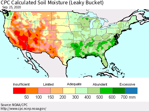 United States CPC Calculated Soil Moisture (Leaky Bucket) Thematic Map For 9/21/2020 - 9/25/2020