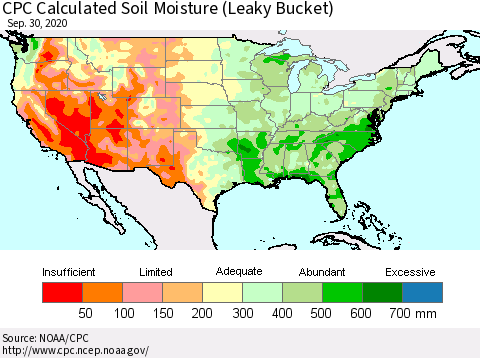 United States CPC Calculated Soil Moisture (Leaky Bucket) Thematic Map For 9/26/2020 - 9/30/2020