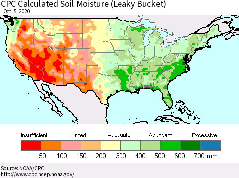 United States CPC Calculated Soil Moisture (Leaky Bucket) Thematic Map For 10/1/2020 - 10/5/2020