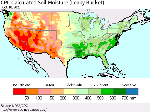 United States CPC Calculated Soil Moisture (Leaky Bucket) Thematic Map For 10/6/2020 - 10/10/2020