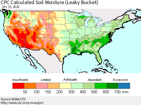 United States CPC Calculated Soil Moisture (Leaky Bucket) Thematic Map For 10/11/2020 - 10/15/2020