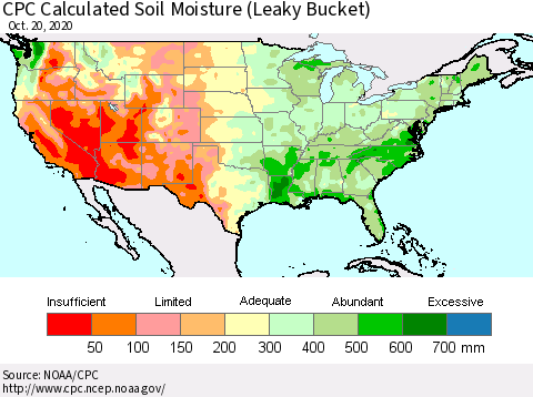 United States CPC Calculated Soil Moisture (Leaky Bucket) Thematic Map For 10/16/2020 - 10/20/2020