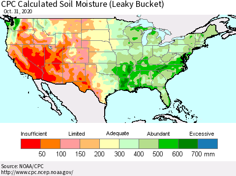 United States CPC Soil Moisture (Leaky Bucket) Thematic Map For 10/26/2020 - 10/31/2020
