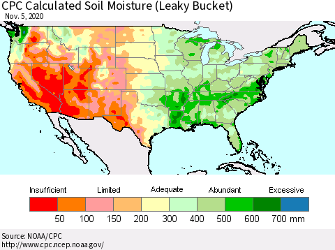 United States CPC Calculated Soil Moisture (Leaky Bucket) Thematic Map For 11/1/2020 - 11/5/2020