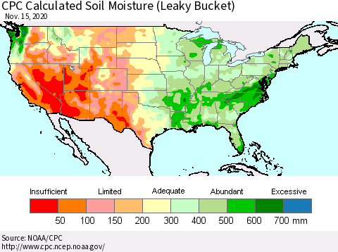 United States CPC Calculated Soil Moisture (Leaky Bucket) Thematic Map For 11/11/2020 - 11/15/2020