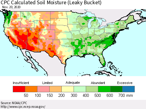 United States CPC Calculated Soil Moisture (Leaky Bucket) Thematic Map For 11/16/2020 - 11/20/2020