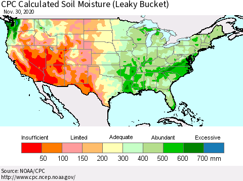 United States CPC Calculated Soil Moisture (Leaky Bucket) Thematic Map For 11/26/2020 - 11/30/2020