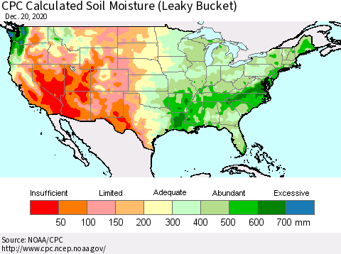 United States CPC Calculated Soil Moisture (Leaky Bucket) Thematic Map For 12/16/2020 - 12/20/2020