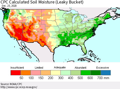 United States CPC Calculated Soil Moisture (Leaky Bucket) Thematic Map For 12/21/2020 - 12/25/2020