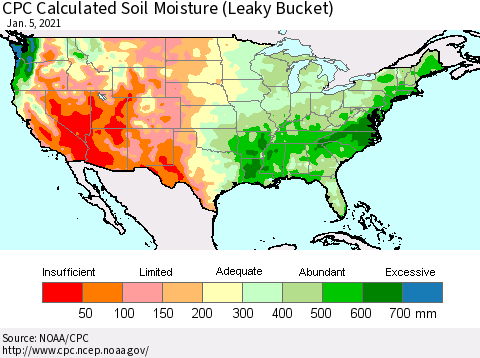 United States CPC Soil Moisture (Leaky Bucket) Thematic Map For 1/1/2021 - 1/5/2021