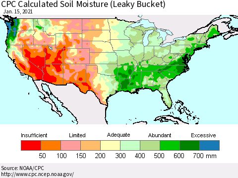 United States CPC Soil Moisture (Leaky Bucket) Thematic Map For 1/11/2021 - 1/15/2021