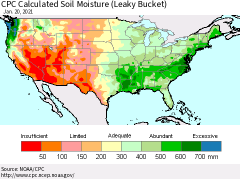United States CPC Calculated Soil Moisture (Leaky Bucket) Thematic Map For 1/16/2021 - 1/20/2021