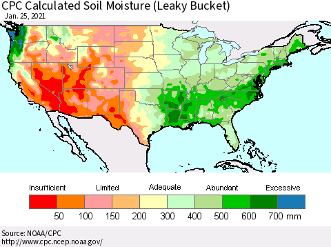 United States CPC Calculated Soil Moisture (Leaky Bucket) Thematic Map For 1/21/2021 - 1/25/2021
