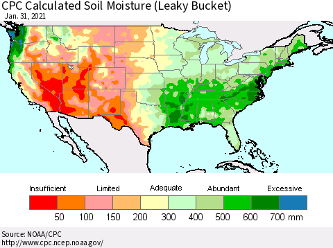 United States CPC Calculated Soil Moisture (Leaky Bucket) Thematic Map For 1/26/2021 - 1/31/2021