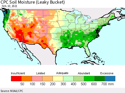 United States CPC Calculated Soil Moisture (Leaky Bucket) Thematic Map For 2/6/2021 - 2/10/2021