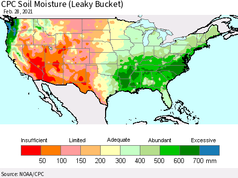 United States CPC Calculated Soil Moisture (Leaky Bucket) Thematic Map For 2/26/2021 - 2/28/2021