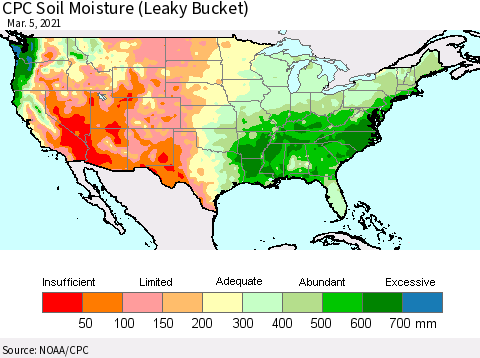 United States CPC Calculated Soil Moisture (Leaky Bucket) Thematic Map For 3/1/2021 - 3/5/2021