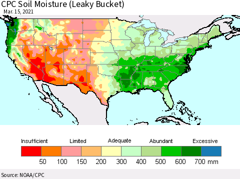 United States CPC Calculated Soil Moisture (Leaky Bucket) Thematic Map For 3/11/2021 - 3/15/2021