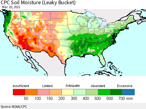 United States CPC Calculated Soil Moisture (Leaky Bucket) Thematic Map For 3/16/2021 - 3/20/2021