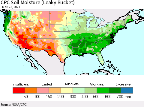 United States CPC Soil Moisture (Leaky Bucket) Thematic Map For 3/21/2021 - 3/25/2021