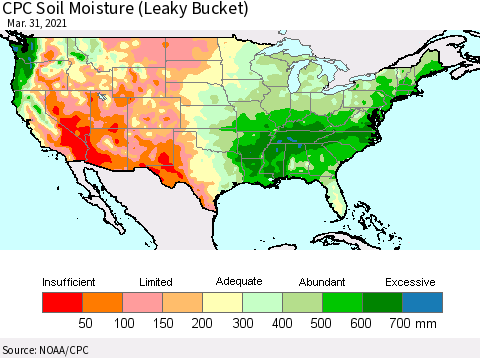 United States CPC Calculated Soil Moisture (Leaky Bucket) Thematic Map For 3/26/2021 - 3/31/2021