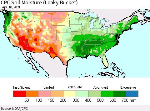 United States CPC Calculated Soil Moisture (Leaky Bucket) Thematic Map For 4/6/2021 - 4/10/2021
