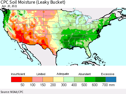 United States CPC Calculated Soil Moisture (Leaky Bucket) Thematic Map For 4/16/2021 - 4/20/2021
