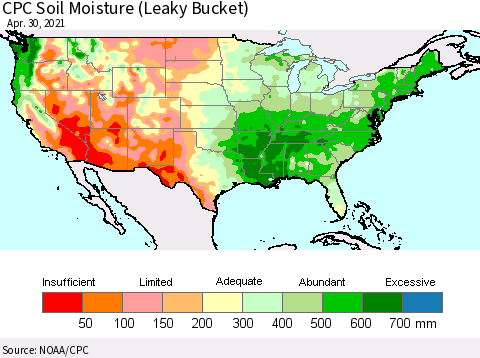 United States CPC Calculated Soil Moisture (Leaky Bucket) Thematic Map For 4/26/2021 - 4/30/2021