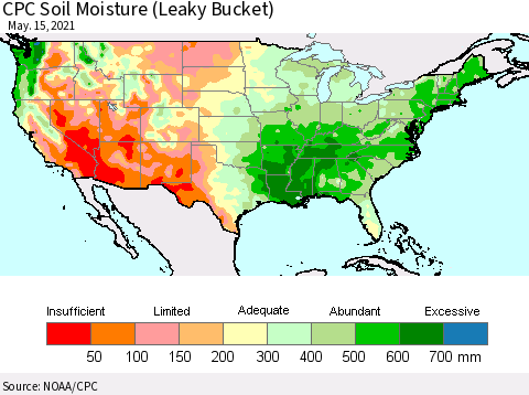 United States CPC Calculated Soil Moisture (Leaky Bucket) Thematic Map For 5/11/2021 - 5/15/2021