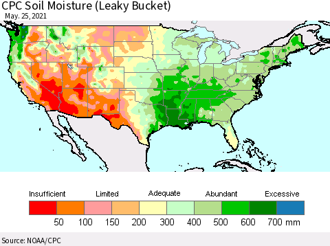 United States CPC Calculated Soil Moisture (Leaky Bucket) Thematic Map For 5/21/2021 - 5/25/2021
