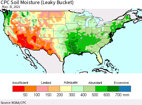 United States CPC Calculated Soil Moisture (Leaky Bucket) Thematic Map For 5/26/2021 - 5/31/2021