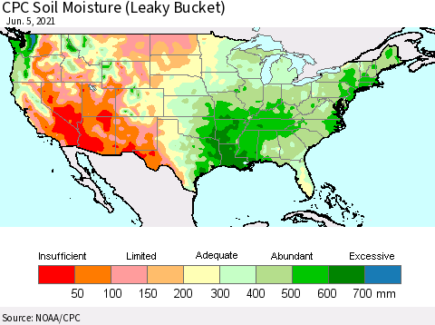 United States CPC Calculated Soil Moisture (Leaky Bucket) Thematic Map For 6/1/2021 - 6/5/2021