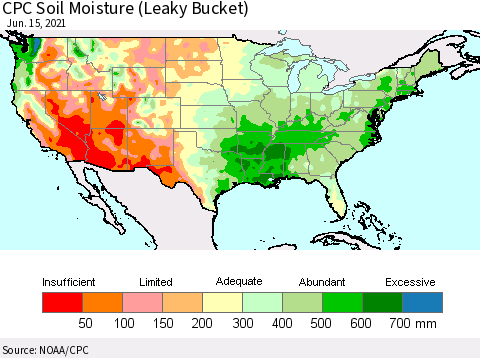 United States CPC Calculated Soil Moisture (Leaky Bucket) Thematic Map For 6/11/2021 - 6/15/2021