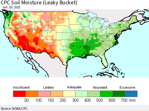 United States CPC Calculated Soil Moisture (Leaky Bucket) Thematic Map For 6/16/2021 - 6/20/2021