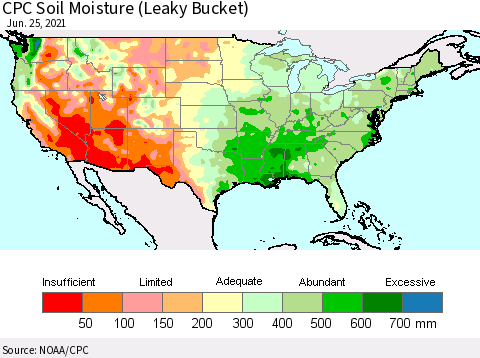 United States CPC Calculated Soil Moisture (Leaky Bucket) Thematic Map For 6/21/2021 - 6/25/2021