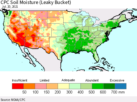 United States CPC Calculated Soil Moisture (Leaky Bucket) Thematic Map For 7/16/2021 - 7/20/2021