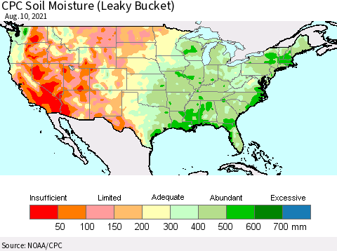 United States CPC Soil Moisture (Leaky Bucket) Thematic Map For 8/6/2021 - 8/10/2021