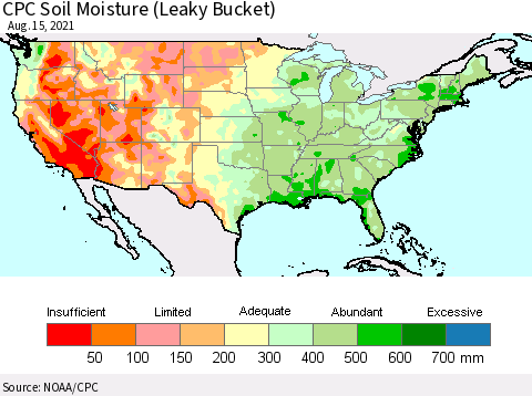 United States CPC Calculated Soil Moisture (Leaky Bucket) Thematic Map For 8/11/2021 - 8/15/2021