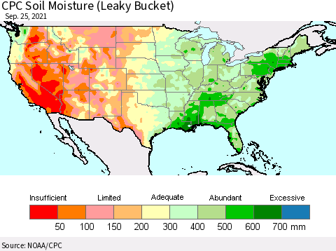 United States CPC Calculated Soil Moisture (Leaky Bucket) Thematic Map For 9/21/2021 - 9/25/2021
