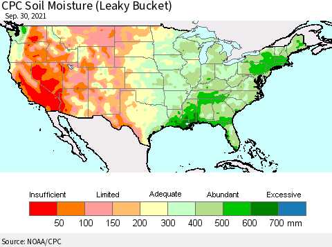 United States CPC Calculated Soil Moisture (Leaky Bucket) Thematic Map For 9/26/2021 - 9/30/2021