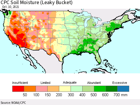 United States CPC Calculated Soil Moisture (Leaky Bucket) Thematic Map For 10/6/2021 - 10/10/2021