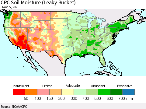 United States CPC Calculated Soil Moisture (Leaky Bucket) Thematic Map For 11/1/2021 - 11/5/2021