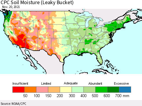 United States CPC Calculated Soil Moisture (Leaky Bucket) Thematic Map For 11/16/2021 - 11/20/2021