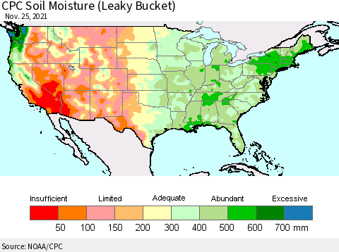 United States CPC Calculated Soil Moisture (Leaky Bucket) Thematic Map For 11/21/2021 - 11/25/2021