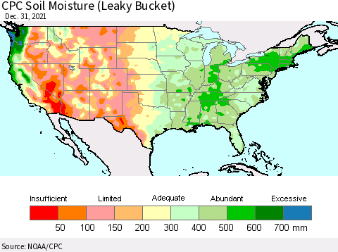 United States CPC Calculated Soil Moisture (Leaky Bucket) Thematic Map For 12/26/2021 - 12/31/2021