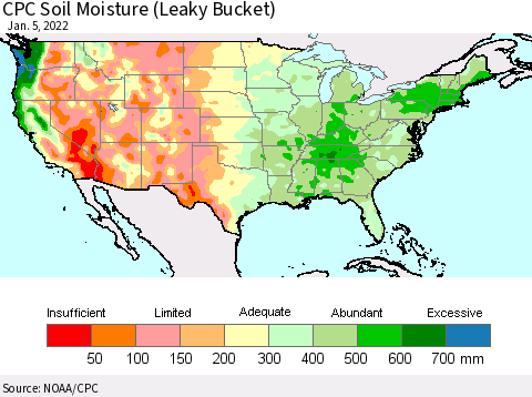 United States CPC Soil Moisture (Leaky Bucket) Thematic Map For 1/1/2022 - 1/5/2022